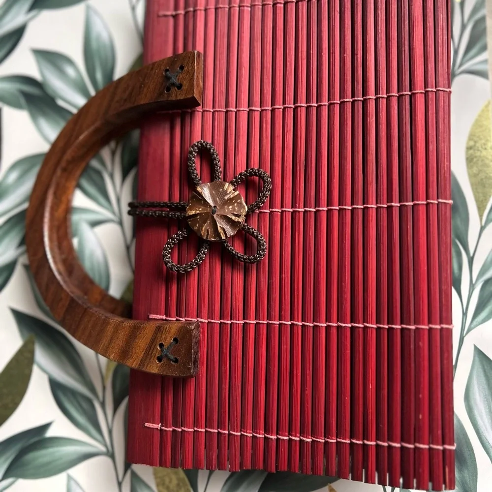 Elegant Red Bamboo Clutch with Wooden Handle